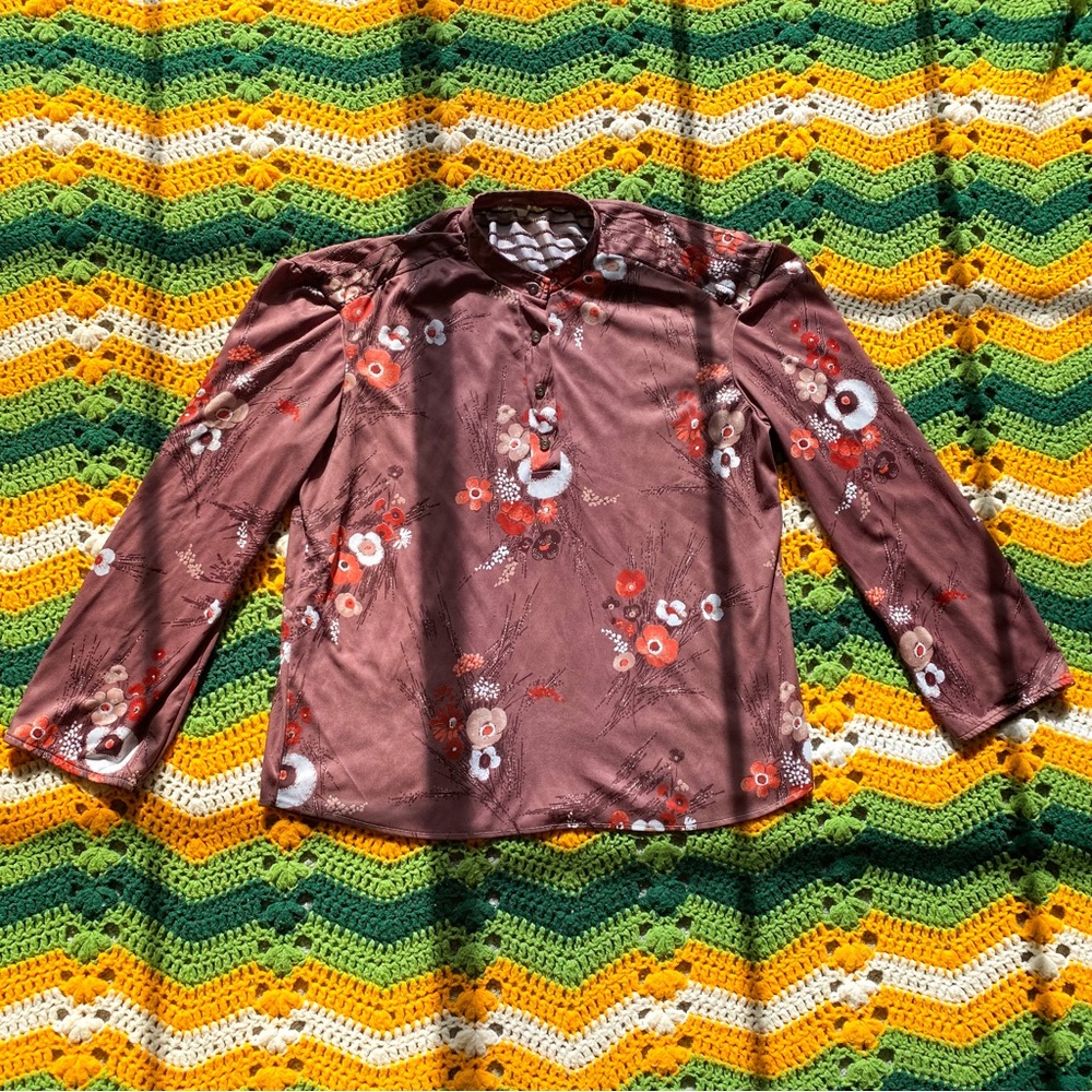 Vintage 1970s Brown and Orange Floral Print Blouse